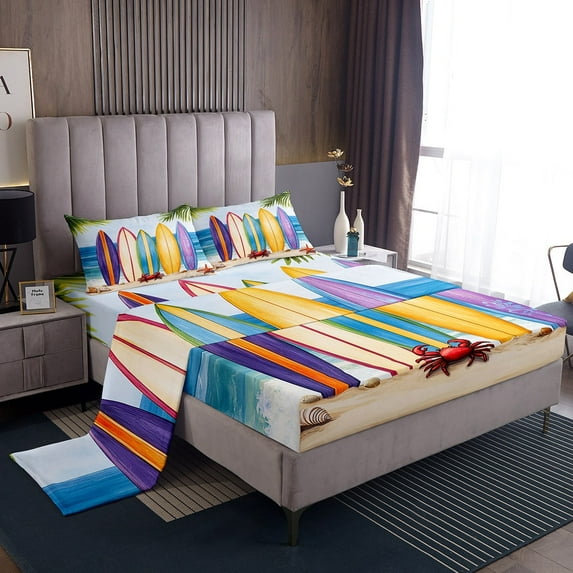 Erosebridal Cartoon Surfboard Bed Sheets Set Twin Size, Red Crab Bed Sheets Twin, Marine Ocean Twin Sheet Sets, Ultra Soft Room Decoration, 3 Pieces