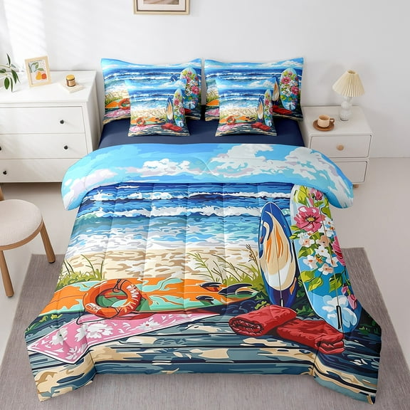 Erosebridal Cartoon Surfboard Bed in a Bag King size, Surfing Sports Bed Set, Marine Ocean Decor, Reversible