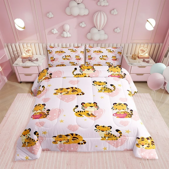 Erosebridal Cartoon Tiger Comforter Set Twin,Jungle Tiger Bedding Set,Pink Love Heart Reversible Duvet Insert,Zoo Animal Quilt with 1 Pillowcase Lightweight