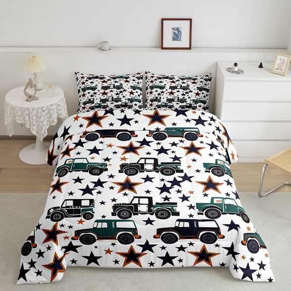 Erosebridal Cartoon Trackor Car Bedding Full Comforter Set, Stars Print Down Comforter, 3D Truck Decor, Reversible 3pcs