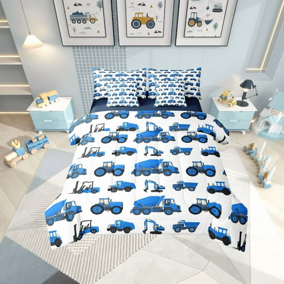 Erosebridal Cartoon Tractor Bed in a Bag Full size,Blue White Bed Set,Construction Vehicles Bedding Full Size,Super Cozy Male Bedroom Decor,Reversible,7-Piece