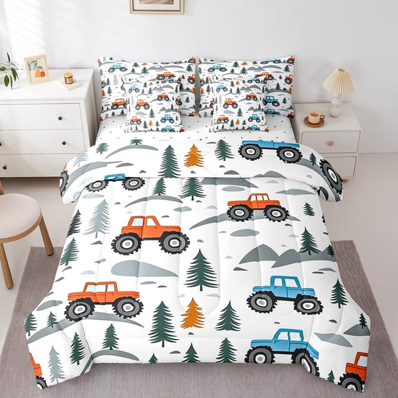 Erosebridal Cartoon Tractor Bed in a Bag Full size, Construction Vehicle Bed Set, Rustic Truck Decor, Reversible