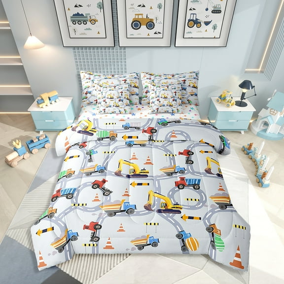 Erosebridal Cartoon Truck Bed in a Bag Twin size,Kawaii Tractor Bed Set, Construction Decor, 7 Pieces