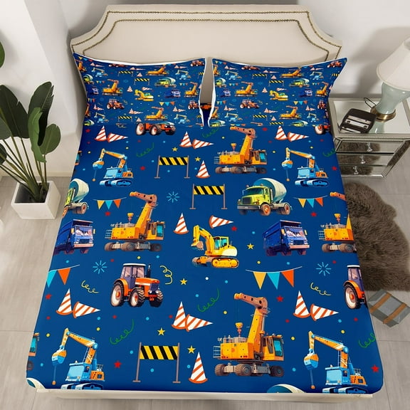 Erosebridal Cartoon Truck Fitted Sheet Twin, Construction Vehicle Fitted Sheet Set Twin,, 2 Pieces（No Top Sheet）