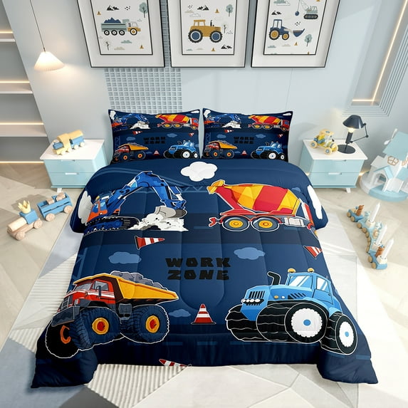 Erosebridal Cartoon Truck Queen Comforter Set,Excavator Bedding Set,Construction Trucks Down Comforter,Machinery Truck Reversible Bed Set with 2 Pillowcases Bedroom Decor