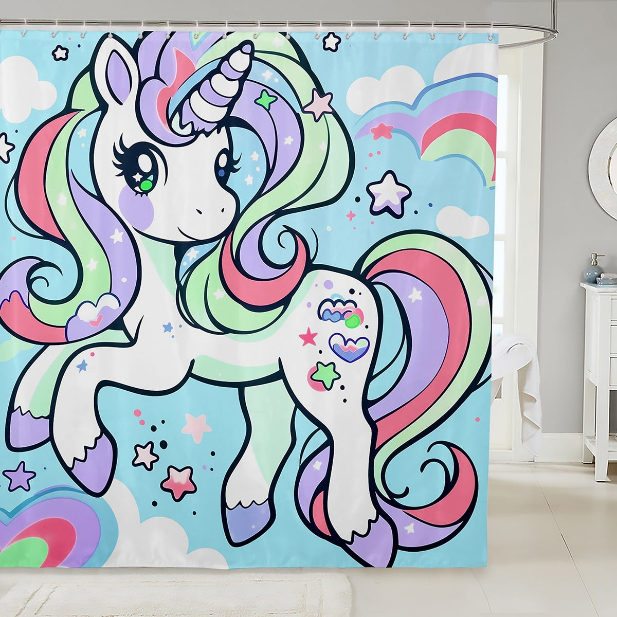 Erosebridal Cartoon Unicorn Bathroom Curtain 72x78,Kawaii Rainbow Stars