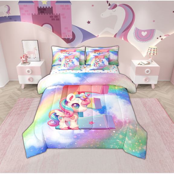 Erosebridal Cartoon Unicorn Bed in a Bag Twin size, Glitter Rainbow Bed Set, Monogrammed E Reversible Bedding Twin Size, Breathable Room Decor, 7 Pieces