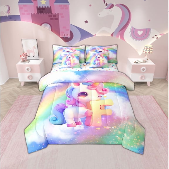 Erosebridal Cartoon Unicorn Bed in a Bag Twin size, Initial F Letter Bed Set, Bling Rainbow Reversible Bedding Twin Size, Lightweight Room Decorative, 7pcs