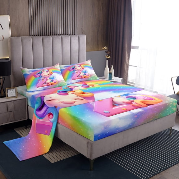 Erosebridal Cartoon Unicorn Bed Sheets Set Twin Size, Glitter Rainbow Bedding Twin Size, Monogrammed Z Sheet Set Twin, Breathable Room Decor, 3-Piece