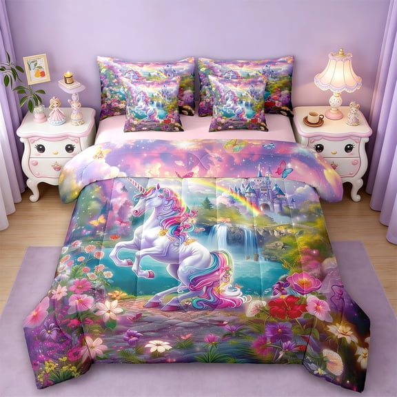 Erosebridal Cartoon Unicorn Bedding Sets Full Size,Rainbow Floral River Comforter Sets with Sheets,Fairy Castle Bed in a Bag Full Size For Princess,Breathable Room Decor Reversible,7-Piece