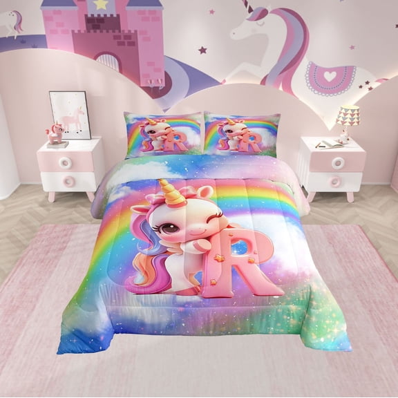 Erosebridal Cartoon Unicorn Bedding Twin Comforter Set, Glitter Rainbow Down Comforter, Monogrammed R Reversible Comforter Sets Twin Size, Breathable Room Decor, 2 Pieces