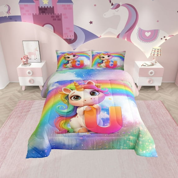 Erosebridal Cartoon Unicorn Bedding Twin Comforter Set, Initial U Letter Down Comforter, Bling Rainbow Reversible Comforter Sets Twin Size, Lightweight Room Decorative, 2pcs
