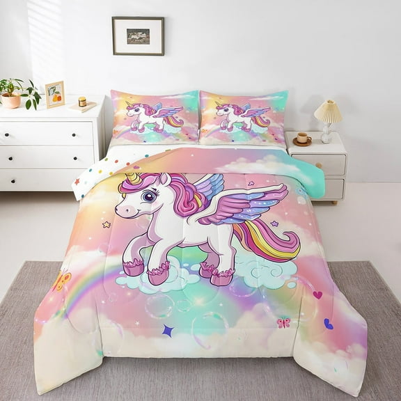 Erosebridal Cartoon Unicorn Bedding Twin Comforter Set,Rainbow Stars Down Comforter,Animal Room Decorative,Reversible,Lightweight,2-Piece