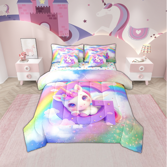 Erosebridal Cartoon Unicorn Bedding Twin Size, Glitter Rainbow Bed Set, Monogrammed G Reversible Bedding Sets Twin Size, Breathable Room Decor, 7-Piece