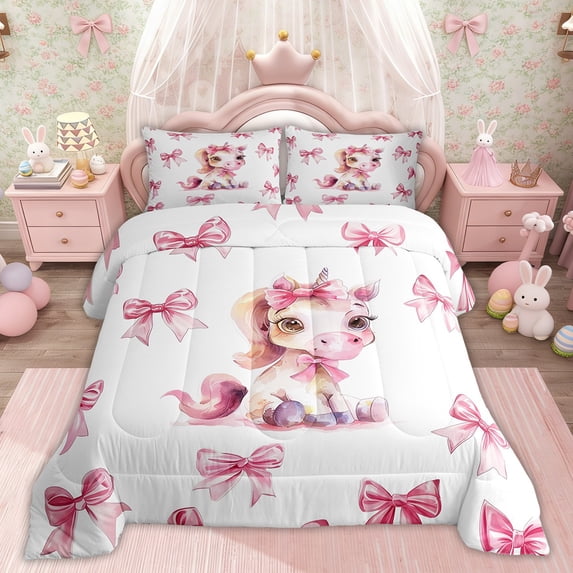 Erosebridal Cartoon Unicorn Comforter Sets TwinSize, Pink Bow-tie Comforters & Duvets, Cute Animal Decor, Breathable 2pcs