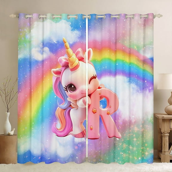 Erosebridal Cartoon Unicorn Curtains and Drapes (38x54), Glitter Rainbow 30%-50% Blackout Curtains for Bedroom, Monogrammed R Curtains for Living Room, Window Curtains Room Decor