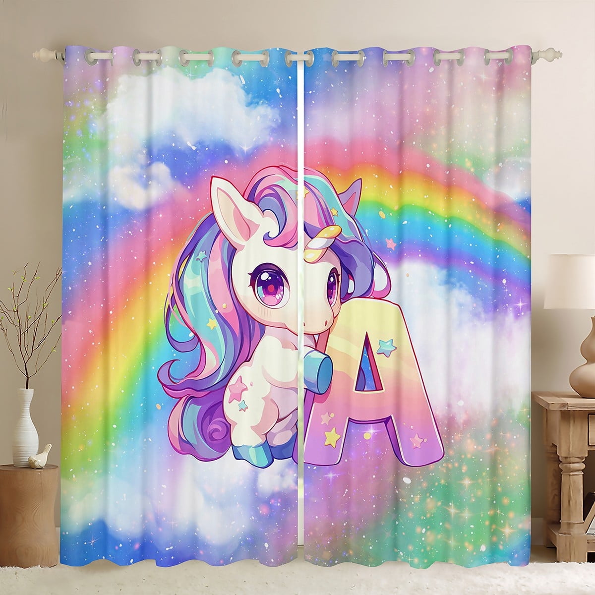 Erosebridal Cartoon Unicorn Curtains for Living Room, Initial A Letter 30%-50% Blackout Curtains Set of 2 (38x45), Bling Rainbow Curtains and Drapes (38x45), Window Drapes Room Decorative