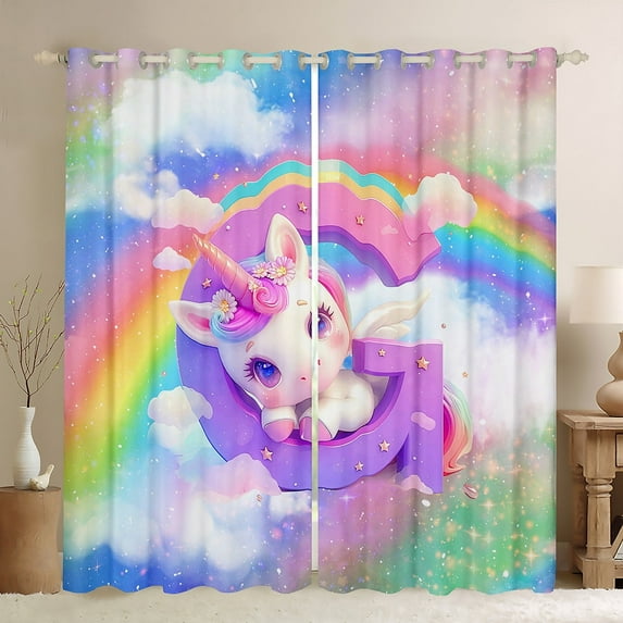 Erosebridal Cartoon Unicorn Curtains Pack of 2 (38x45), Glitter Rainbow 30%-50% Blackout Curtains for Bedroom, Monogrammed G 30%-50% Black Out Curtains, Window Curtains Room Decor