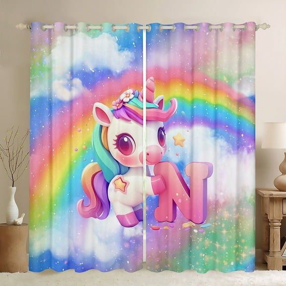 Erosebridal Cartoon Unicorn Curtains Pack of 2 (38x45), Initial N Letter 30%-50% Blackout Curtains for Bedroom, Bling Rainbow 30%-50% Black Out Curtains, Window Drapes Room Decorative