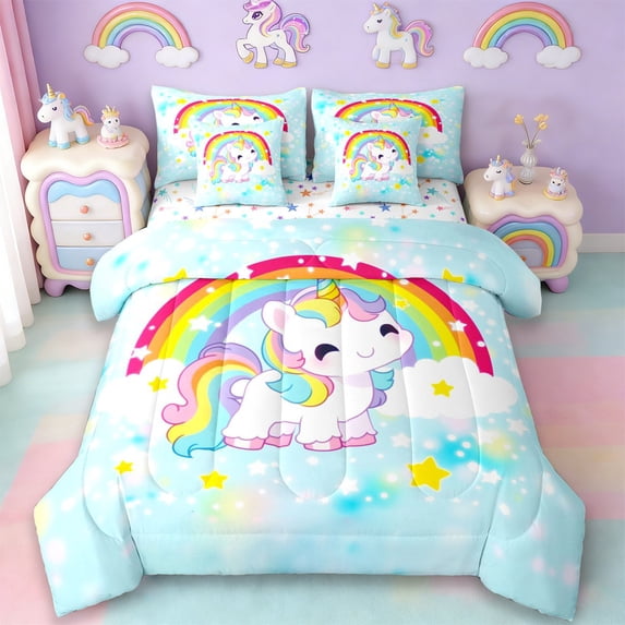 Erosebridal Cartoon Unicorn Girls 7-Piece Twin Bedding Sets,Cute Rainbow Stars Print Bedding Comforter Set For Kids,Reversible