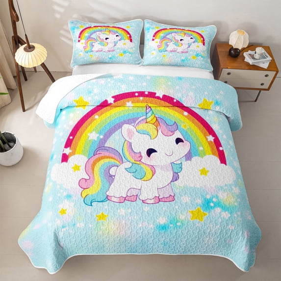 Erosebridal Cartoon Unicorn Girls Bed Spread Queen,Cute Rainbow Stars Print Queen Coverlet Set For Kids,3-Piece