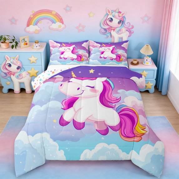 Erosebridal Cartoon Unicorn Girls Full Size Comforter Sets,Kawaii Cute Animals Bedding Sets For Kids,Reversible 3 Pieces