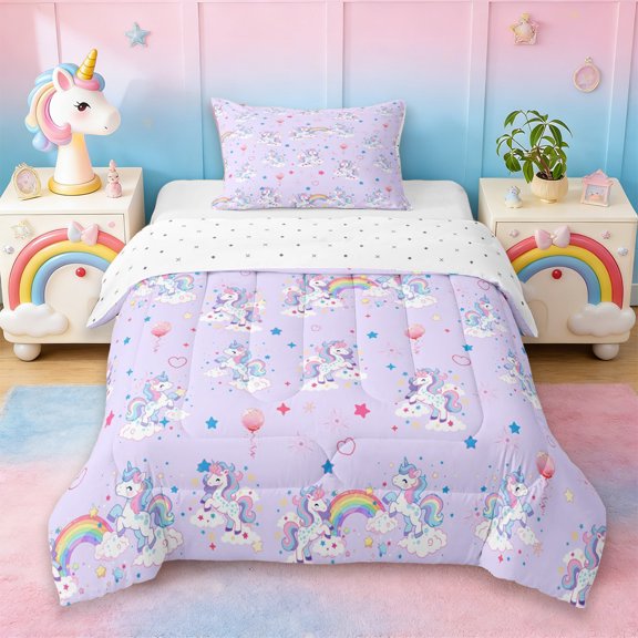 Erosebridal Cartoon Unicorn Girls Twin Comforter Sets,Dreamy Princess Style Rainbow Bedding Set For Kids,Reversible 2 Pieces