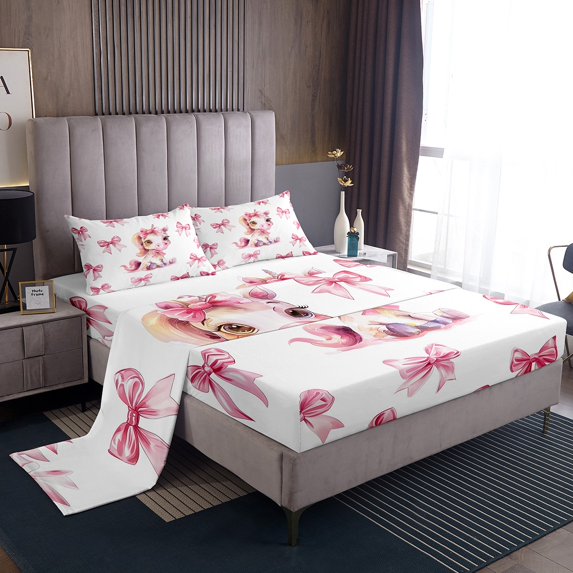 Erosebridal Cartoon Unicorn Sheet Set Full, Pink Bow-tie Bedding Sets Full Size, Cute Animal Decor 4pcs