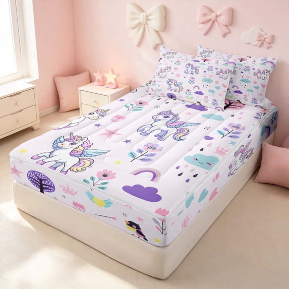 Erosebridal Cartoon Unicorn Zipper Twin Comforter Sets with Fitted Sheet and 2 Pillowcases for Boys Girls, Cute Flower Rainbow Zipper Bedding Set, Pink Reversible