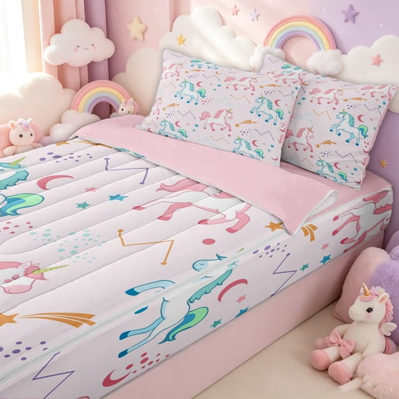 Erosebridal Cartoon Unicorn Zipper Twin Comforter Sets with Fitted Sheet and 2 Pillowcases for Girls, Constellation Star Moon Zipper Bedding Set, Pink Reversible, 4pcs