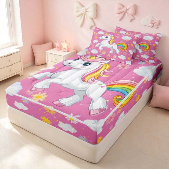 Erosebridal Cartoon Unicorn Zipper Twin Comforter Sets with Fitted Sheet and 2 Pillowcases for Girls, Rainbow Floral Zipper Bedding Set, Pink Reversible