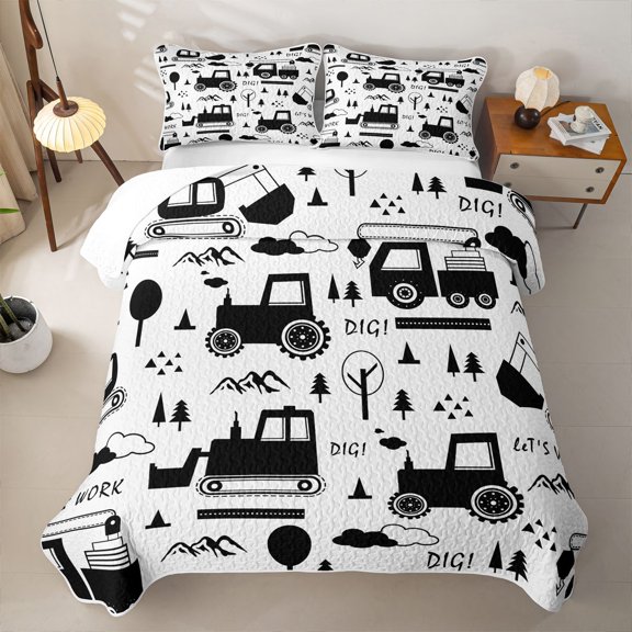 Erosebridal Cartoon Vehicle Twin Quilt Set,Tree Mountain Builder Sketch Twin Coverlet Set For Boys,2-Piece