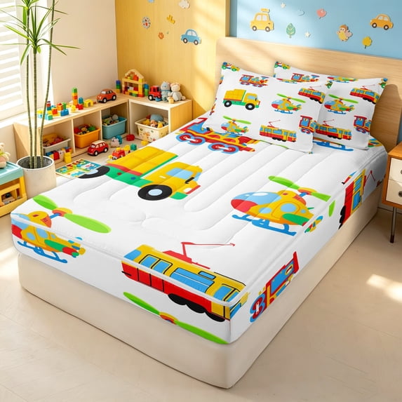 Erosebridal Cartoon Vehicle Zipper Full Size Comforter Sets with Fitted Sheet and 2 Pillowcases for Boys Men, Yellow Green Transport Print Zipper Bedding Set, Stars Reversible, 4 Pieces
