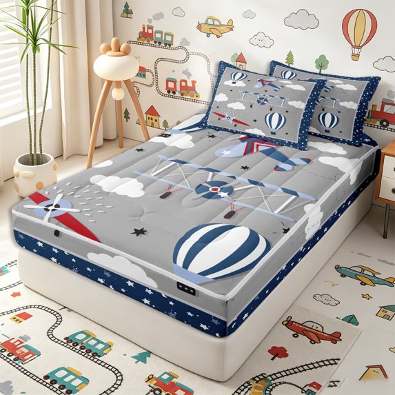 Erosebridal Cartoon Vintage Biplane Zipper Twin Comforter Sets with Fitted Sheet and 2 Pillowcases,Striped Balloon Cloud Print Zipper Bedding Set,Gray Navy Red White,4-Piece