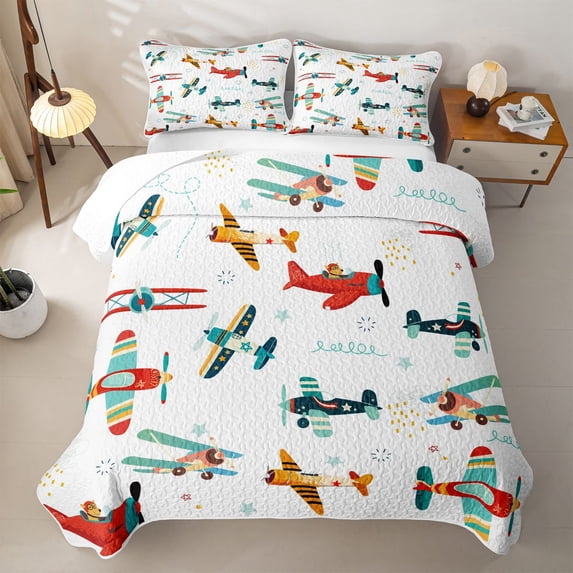 Erosebridal Cartoon Vintage Plane Quilt King for Boys Men, Cartoon Star Print King Coverlet Set, 3pcs