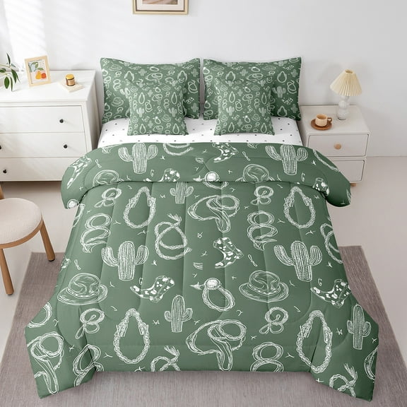 Erosebridal Cartoon Western Bed in a Bag Twin size, Green Cactus Bedding Sets Twin Size, Tribal Plant Reversible Comforter Sets with Sheets, Super Cozy Bedroom Decorative, 7pcs