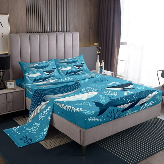 Erosebridal Cartoon Whale Sheet Set Twin,Ocean Animal Bedding Sets Twin Size,Super Cozy Bed Sheets Twin,Marine Decor,3pcs