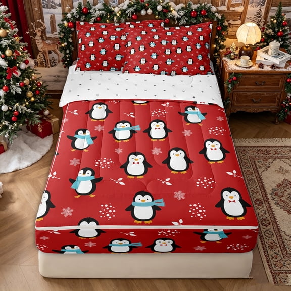 Erosebridal Cartoon Winter Penguin Print Zipper Twin Comforter Sets with Fitted Sheet and 2 Pillowcases for Girls Boys, Red Snow Cute Antarctic Animal Zipper Bedding Set, Reversible, 4pcs