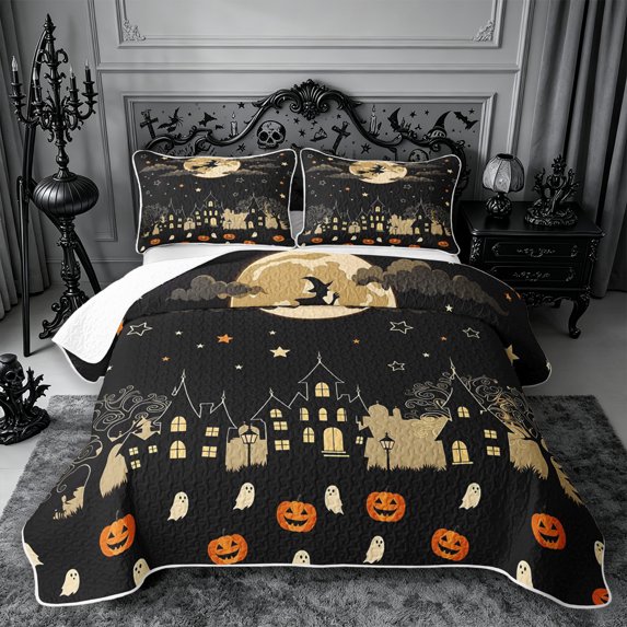 Erosebridal Cartoon Witch Quilt King 3 Pieces,Halloween Ghost Pumpkin King Coverlet Set,Black,1 Bedspread and 2 Pillowcases