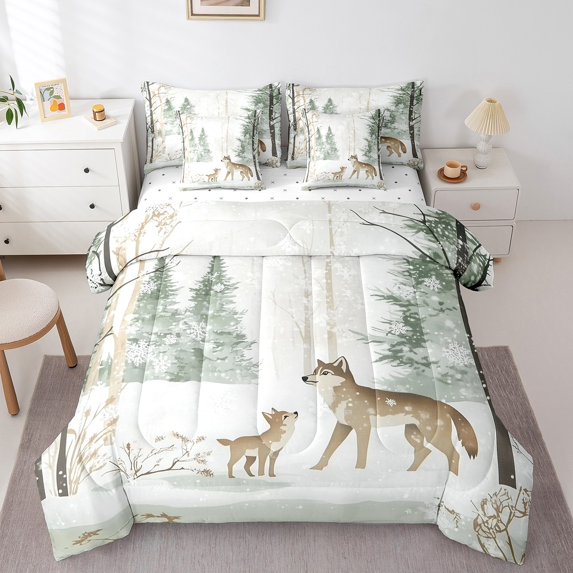 Erosebridal Cartoon Wolf Bedding Sets Queen Size, Jungle Tree Branches Comforter Sets with Sheets, Super Cozy 7 Pieces