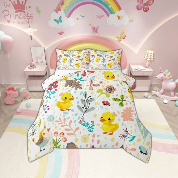 Erosebridal Cartoon Yellow Duck Comforter Set Cute Duck Twin Bedding Set ,Kawaii Floral Animal Bed Comforter Set Woodland Leaves Flowers Butterfly Quilt Duvet 1 Pillow Case
