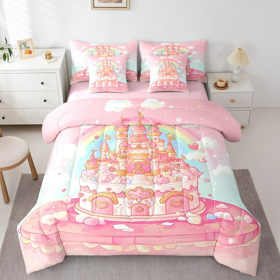 Erosebridal Castle Bedding Twin Size,Dreamy Rainbow Comforter Sets with Sheets,Gradient Clouds Stars Hearts Print Bedding Sets Twin Size For Princess,Breathable Room Decor Reversible,7pcs