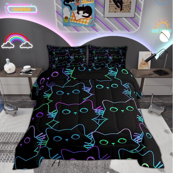 Erosebridal Cat Bedding Neon Black Cute Cat Twin Bed Comforter Set Bedroom Decor, Gradient Line Kawaii Kitten Comforter Brigt Color Cartoon Animal Duvet Insert All Season 2Pcs