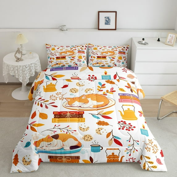 Erosebridal Cat Bedding Set Full Size Cats Print Comforter Set Cute Kitten Leaf Comforter for Room Decor Maple Leaf White Duvet Set With 2 Pillow Case