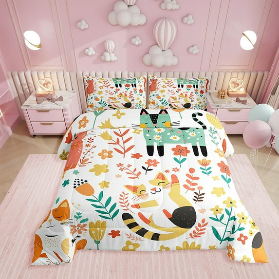 Erosebridal Cat Bedding Set Twin Size Cat Flower Comforter Set Cats Leaf Print Comforter for Room Decor Cute Kitten Green Yellow Duvet Set With 1 Pillow Case