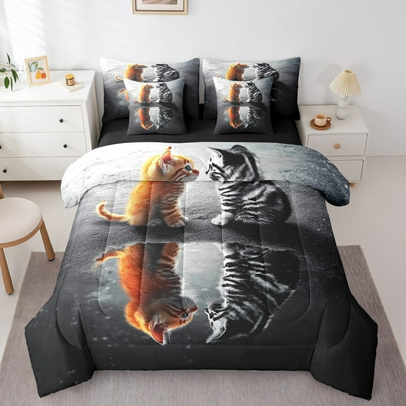 Erosebridal Cat Bedding Sets Full Size for Teens, Kawaii Animal Comforter Sets with Sheets, Pet Lover Reversible Bed Sheets Set, Ultra Soft Room Decoration, 7 Pieces