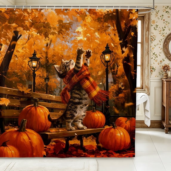 Erosebridal Cat Bench Shower Curtain 72Wx72L,Fall Park Bathroom Curtain,Gold