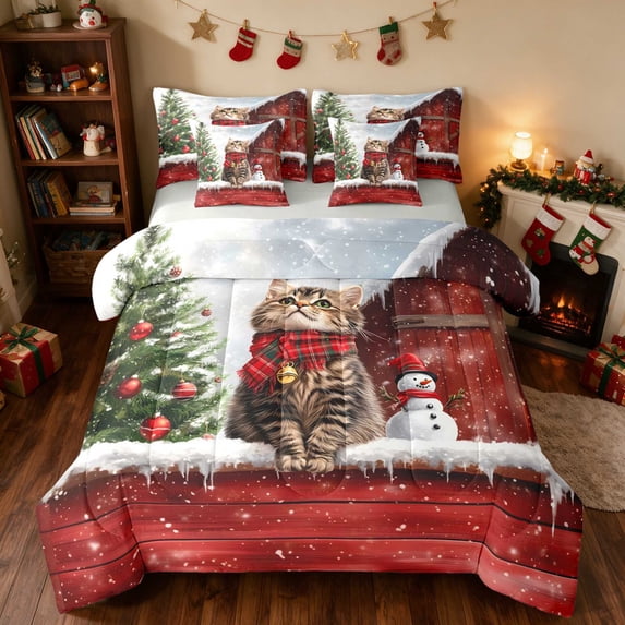Manfei Cat King Bedding 7 Pieces Christmas King Bed in a Bag, Gray Green, Gray Reversible