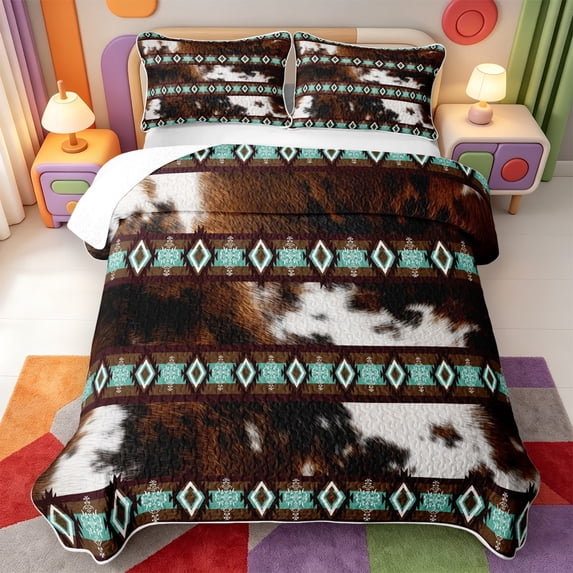 Erosebridal Cattle Pattern Bed Spread Queen,Western Cowhide Queen Coverlet Set,3pcs,1 Quilt and 2 Pillowcases