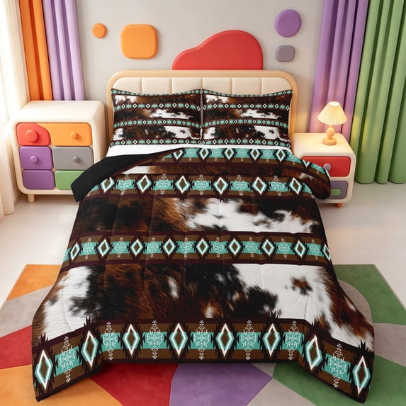 Erosebridal Cattle Pattern Full Size Comforter Sets,Western Cowhide Bedding Comforter Set,Black Reversible,3 Pieces,1 Comforter and 2 Pillowcases